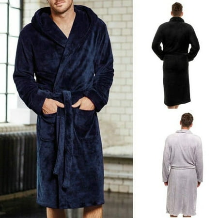 Fashion Simple Solid Color Pockets Long Sleeve Mens Bathrobe Loose Sleepwear Nightgown Robe Grey